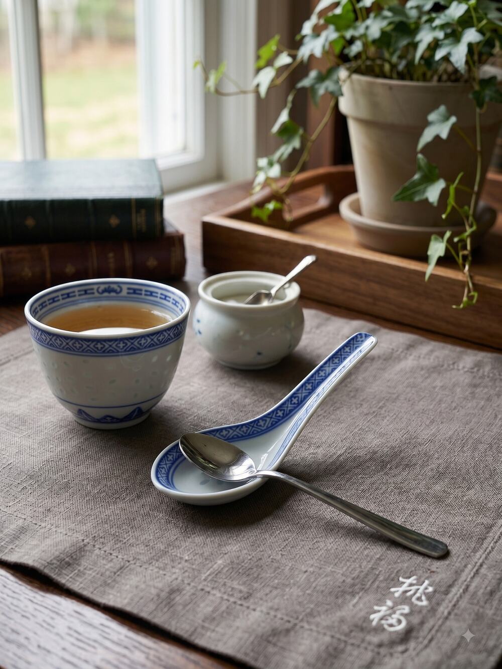 Vintage Chinese Blue & White "Rice Pattern" Porcelain Soup Spoon #4